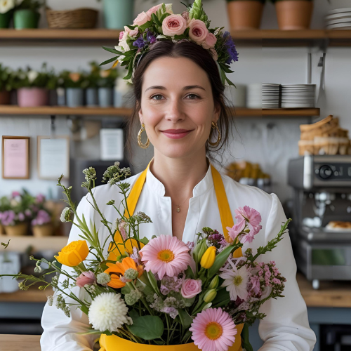 Woman holding a bouquet of flowers in a kitchen setting