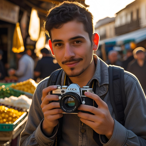 Man holding a Leica camera in an outdoor market setting
