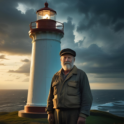 Man standing in front of a lighthouse with a dramatic sky and ocean.
