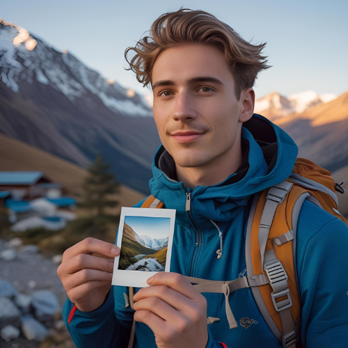 Man holding a Polaroid photo of mountains with a mountainous landscape in the background