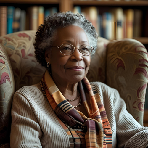Woman sitting in a chair with a bookshelf in the background