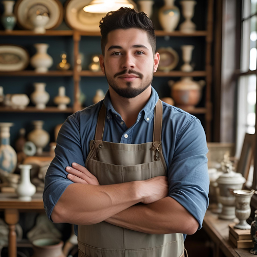 Man wearing a brown apron standing in a pottery shop with shelves of ceramic items.