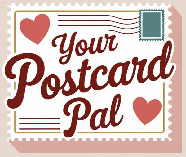 Illustration of a postcard with 'Your Postcard Pal' text on a beige background